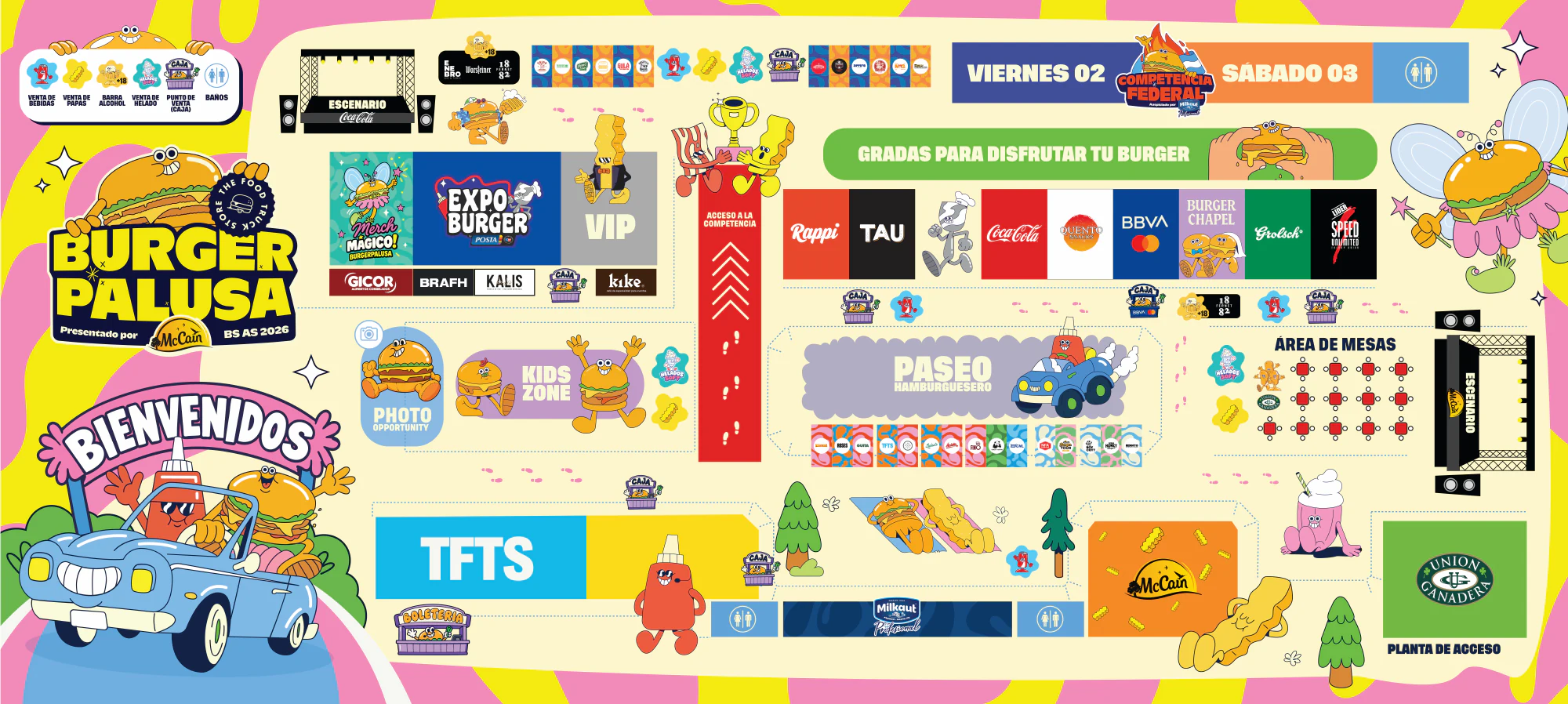Mapa oficial de Burgerpalusa 2026 con los escenarios, la Competencia Federal, Expo Burger, VIP, Kids Zone, Paseo Hamburguesero, área de mesas, Food Truck Store, sanitarios y planta de acceso
